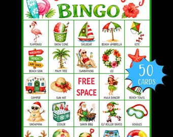 Gra w bingo Boże Narodzenie w lipcu do druku; Letnie gry na imprezę bożonarodzeniową; Gra w bingo do druku; Gra w obozie letnim; Gra w bingo dla seniorów