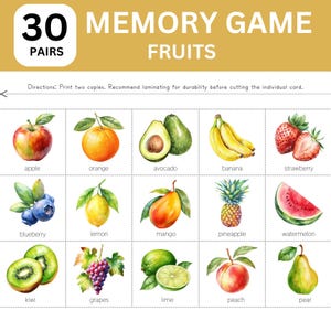 30 Pairs Fruits Memory Game; Fruits Matching Cards; Fruits Matching Games; Memory Games for Kids; Food Memory Game; Fruit Flashcards