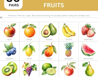 Juego de memoria de 30 pares de frutas; Tarjetas de emparejamiento de frutas; Juegos de emparejamiento de frutas; Juegos de memoria para niños; Juego de memoria de comida; Tarjetas de memoria de frutas