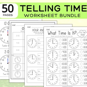 50 Page Telling Time Worksheets; Reading Time; Telling Time Practice Sheets; Reading the Clock; Clock Practice Worksheet: Learn to Tell Time