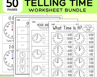 50 Seiten Zeit Arbeitsblätter; Lesezeit; Die Zeit sagen Übungsblätter; Die Uhr lesen; Uhr Übungsblatt: Lernen Sie, die Zeit zu lesen