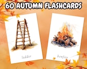60 Watercolor Fall Vocabulary Flashcards for kids; Kids Flashcards; Autumn Flashcards; Montessori Flashcards; Printable Flashcards
