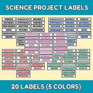 May include: Twenty colorful labels with black outlines and white text. The labels are for a science project and include terms like "purpose", "hypothesis", "materials", "procedures", "data", "observation", "graph", "abstract", "variable", "research", "experiment", "conclusion", "problems", "background research", "acknowledgement", "references", "results", and "pictures".
