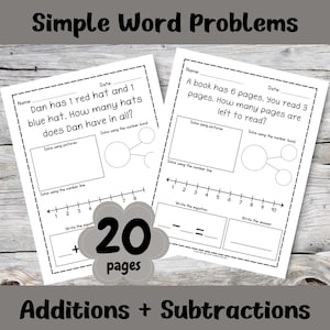 May include: Black and white printable worksheet with two word problems for kids to solve using pictures, number bonds, and number lines. The first problem is about Dan having 1 red hat and 1 blue hat. The second problem is about a book with 6 pages and reading 3 pages. The worksheet includes space to write the equation and the answer.