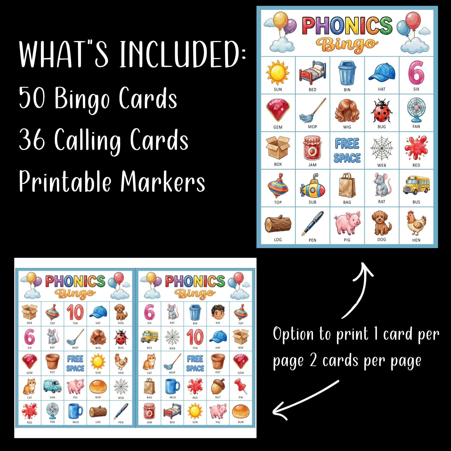 Phonics Bingo Game Printable; CVC Worksheets; Kindergarten Literacy