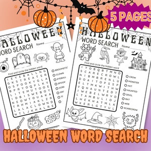 May include: Two black and white printable Halloween word search puzzles. The first puzzle features a spider, a ghost, a pumpkin, and a tombstone. The second puzzle features a crow, a scarecrow, a devil, and a haunted house. Both puzzles have the words "Halloween Word Search" at the bottom.