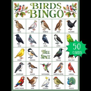 Utskrivbart fågelbingospel; Fågelskådningsfest; Vårfödelsedag i skogen; Vårbingospel; Naturbingospel; Trädgårdsbingo