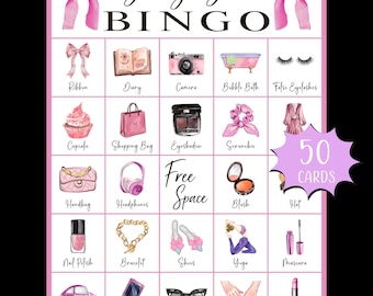 Afdrukbaar bingospel voor meisjes; Roze thema verjaardagsfeestje; Slaapfeestje Bingo; Prinses Glamour-feestspel; Bingospel PJ Party