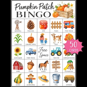May include: A Pumpkin Patch Bingo game card featuring a grid of watercolour illustrations including a windmill, pinecone, jam, fence, food truck, cornstalk, caramel apple, family, goat, sunflower, farm truck, tractor, chrysanthemum, barn, acorn, horse, sign, playground, gourd, scarecrow, hat, pail, and hayride, with a pink starburst graphic stating 50 CARDS.
