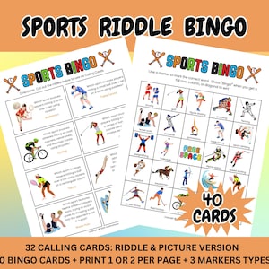 Bingoset sportraadsel; 32 telefoonkaarten; 40 bingokaarten; en 2 markeerstiften; Afdrukbare bingoset; Sportbingo; Zomerbingo; Zomerspelen