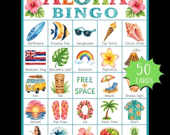 Gra w bingo na Hawajach do druku; Hawajska impreza luau; Tropikalna letnia gra; Aloha Bingo do druku; Gry na letnią imprezę urodzinową; Urodziny luau