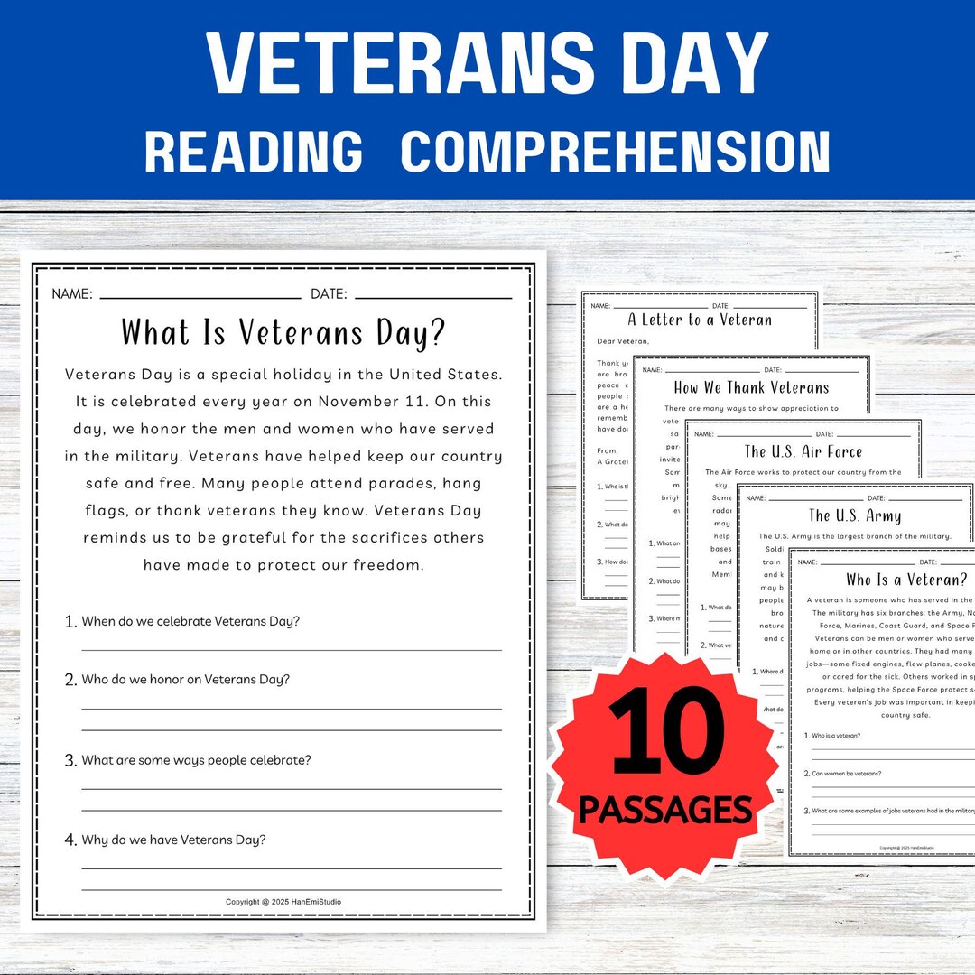 Veterans Day Reading Comprehension Worksheets; 4th Grade Reading ...