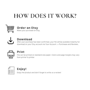 May include: White graphic with the text "HOW DOES IT WORK?" and instructions: Order on Etsy, Download, Print, and Enjoy! Includes icons of a shopping cart, a download arrow, a printer, and a document.
