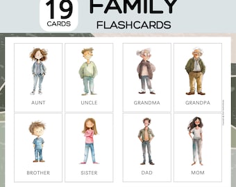 19 familieflashkaarten; Woordenschat Flashcards voor kinderen; Flash-kaarten voor kinderen; Voorschools leren; Montessori-flashkaarten; Afdrukbare flashcards