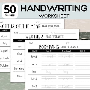 May include: Black and white printable handwriting worksheets for kids. The worksheets include tracing and writing activities for months of the year, weather words, and body parts.