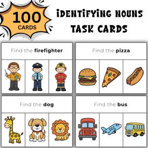 100 taakkaarten voor het identificeren van zelfstandige naamwoorden; Clipkaarten voor WH-vragen; Logopedie; VSV; Speciaal onderwijs; Autisme; Taakkaarten expressief taalgebruik