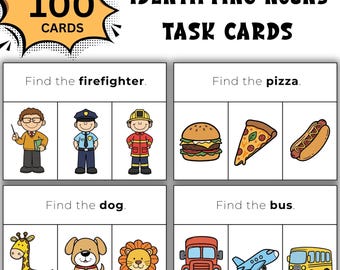100 taakkaarten voor het identificeren van zelfstandige naamwoorden; Clipkaarten voor WH-vragen; Logopedie; VSV; Speciaal onderwijs; Autisme; Taakkaarten expressief taalgebruik