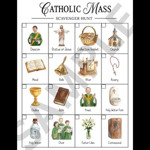 May include: A watercolor-style scavenger hunt checklist titled "Catholic Mass." The image features illustrations of religious items such as a church, chalice, bible, and holy water. The text includes the words "Deacon," "Statue of Jesus," and "Confessional."