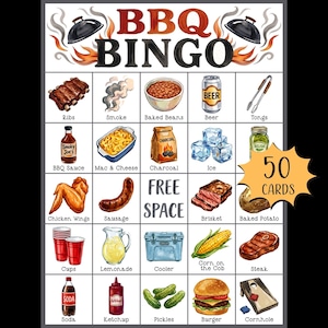 May include: A BBQ Bingo game card featuring illustrations of barbecue-related items such as ribs, burgers, and corn on the cob. The card displays the text "BBQ BINGO" and "50 CARDS". Ideal for a summer barbecue or garden party.