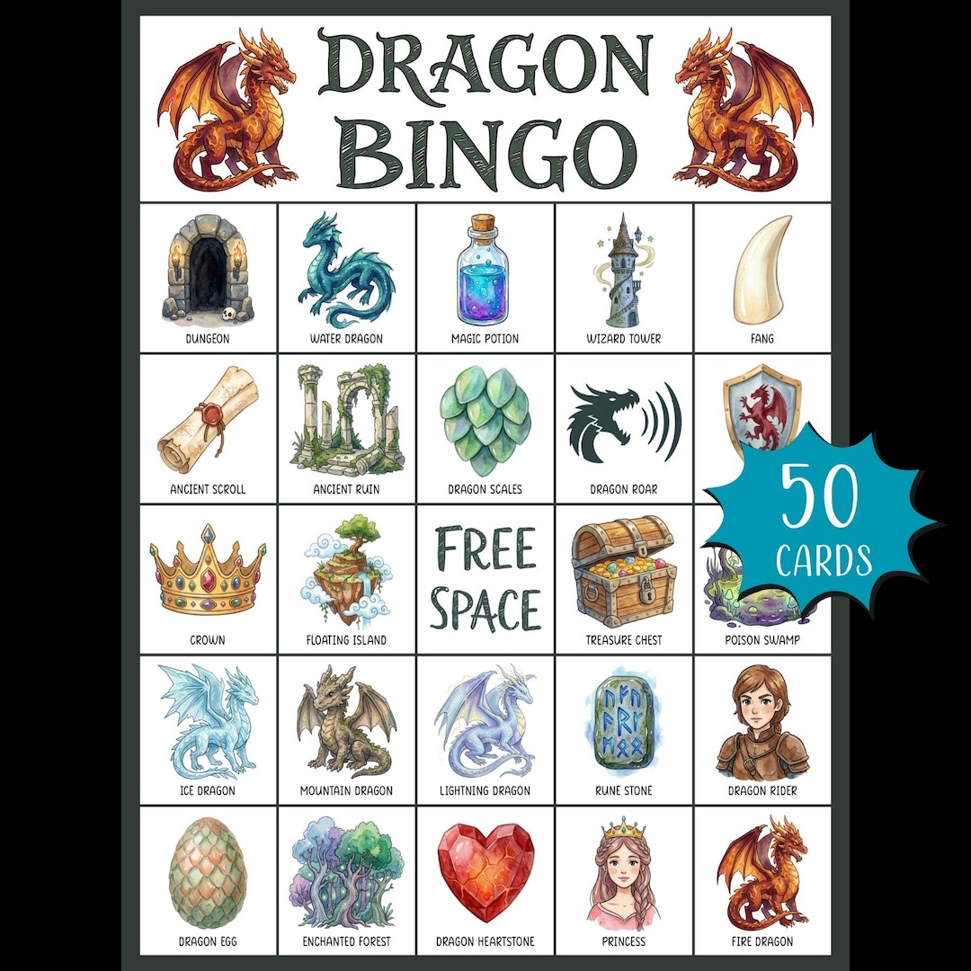 Dragon Bingo Printable Game; Mythical Dragon Birthday Party Activity ...