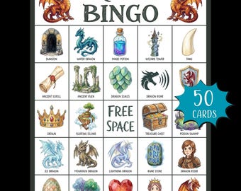 Juego imprimible de Bingo de Dragones; Actividad para fiesta de cumpleaños de dragones míticos; Bingo mágico; Bingo de fantasía; Bingo de fantasía acogedor; Bingo de magos
