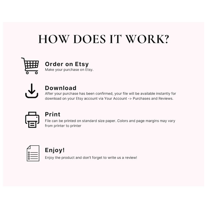 May include: A white graphic with the text "HOW DOES IT WORK?" and instructions for purchasing, downloading, printing, and enjoying a product. Icons include a shopping cart, a download arrow, a printer, and a document.