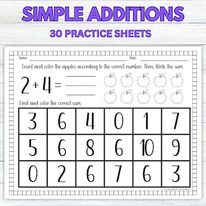 30-Page Simple Addition Worksheets for Preschoolers and Kindergarteners; Adding Up to 10; Preschool Addition Worksheet; Picture Additions