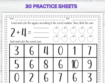 Hojas de trabajo de sumas sencillas de 30 páginas para niños de preescolar y jardín de infancia; Sumar hasta 10; Hoja de trabajo de sumas para preescolar; Sumas con imágenes