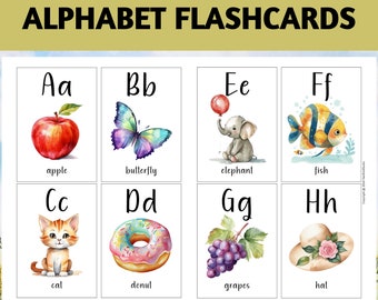 26 tarjetas didácticas del alfabeto para niños; Tarjetas didácticas de aprendizaje para niños; Tarjetas didácticas de acuarela; Tarjetas didácticas Montessori; Tarjetas didácticas imprimibles