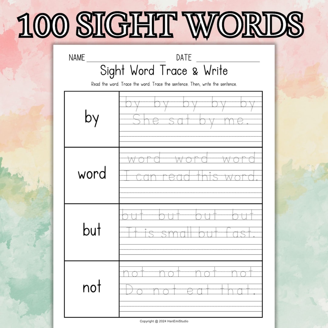 First 100 Sight Word Trace and Write Worksheet; Handwriting Practice