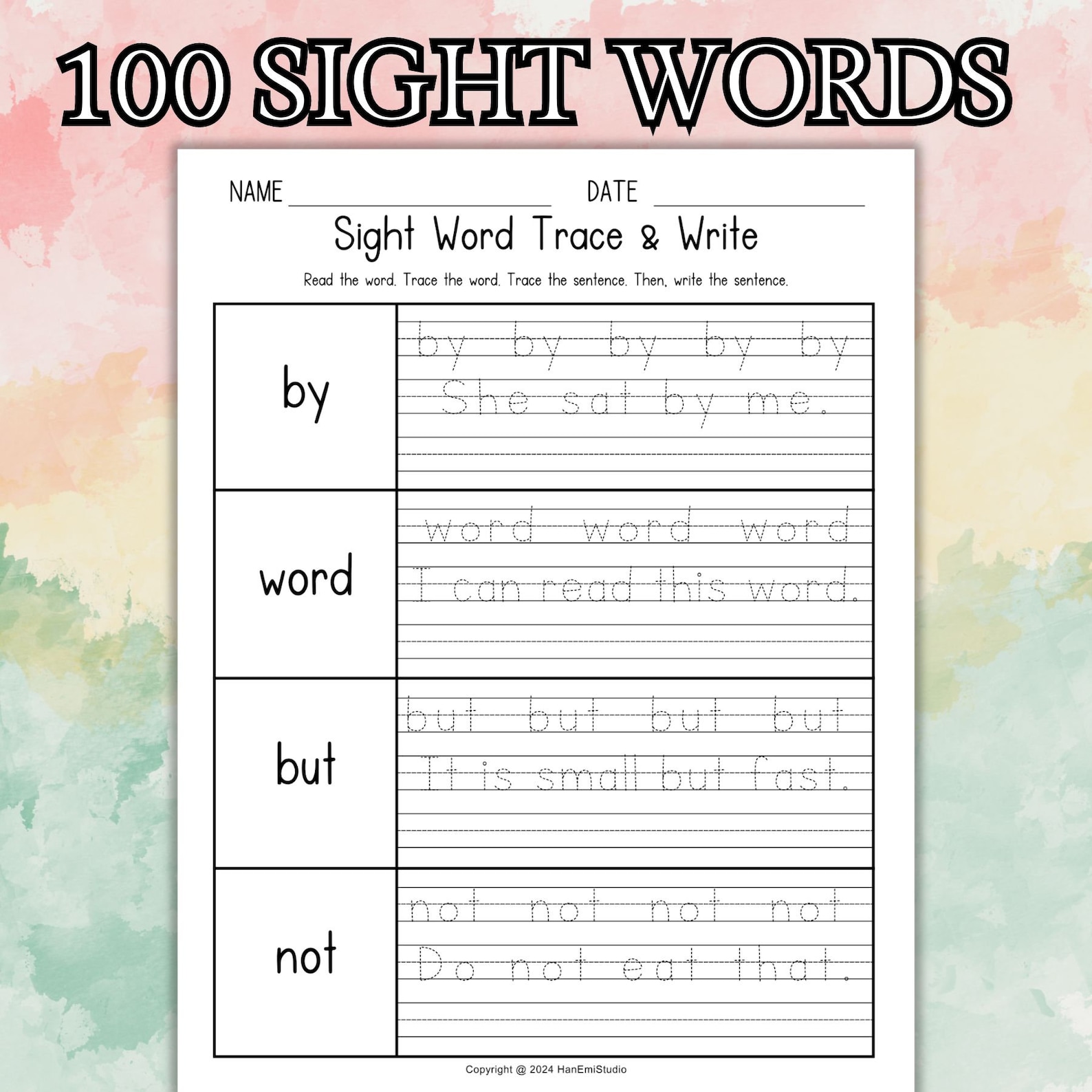 First 100 Sight Word Trace and Write Worksheet; Handwriting Practice