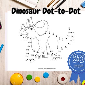 May include: A black and white connect-the-dots activity featuring a triceratops dinosaur. The image includes the numbers 1 through 45, indicating the order to connect the dots. The image also includes the text "Dinosaur Dot-to-Dot" and "20 pages".