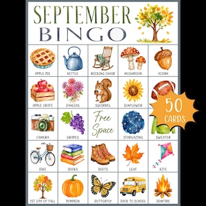 Puede incluir: Una tarjeta de juego de Bingo de septiembre con una cuadrícula de ilustraciones en acuarela que incluye tarta de manzana, tetera, mecedora, setas, bellota, caja de manzanas, dalias, ardilla, girasol, balón de fútbol, cámara, uvas, observación de estrellas, suéter, bicicleta, libros, botas, hoja, cometa, árbol, calabaza, mariposa, autobús escolar y hoguera, con un gráfico de estrella que indica 50 CARDS.
