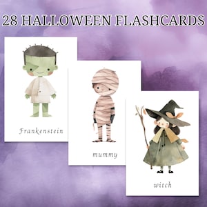 28 Flashcards de vocabulário de Halloween em aquarela para crianças; Flashcards de aprendizagem para crianças; Flashcard de Halloween; Cartão Montessori; Flashcard para impressão