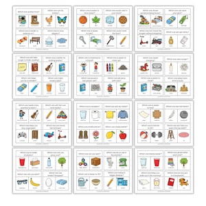 May include: A set of educational cards with various questions and illustrations. Each card features a question like "Which one will dry faster?" with multiple choice images, designed for learning and critical thinking.