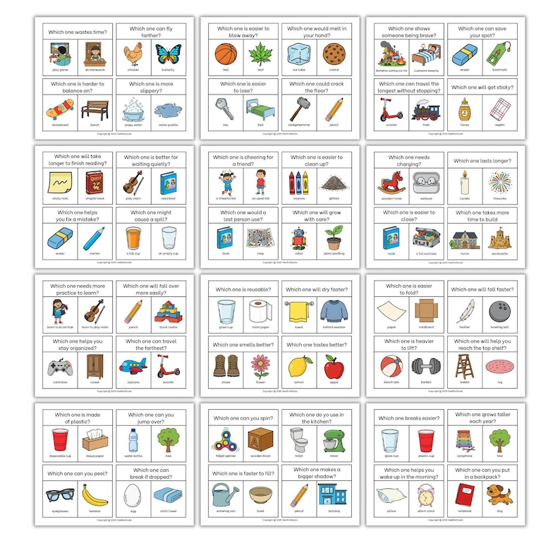May include: A set of educational cards with various questions and illustrations. Each card features a question like "Which one will dry faster?" with multiple choice images, designed for learning and critical thinking.