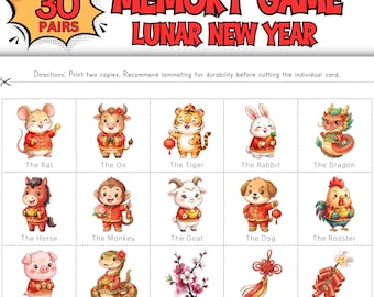 Lunar New Year Memory Game; 30 Pairs Printable Matching Cards; Chinese New Year Memory Game; Memory Games for Senior; Lunar New Year Games