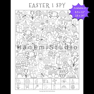 May include: Black and white Easter-themed "I Spy" activity sheet. The sheet features various Easter-related images, including crosses, bunnies, eggs, and churches. The text "EASTER I SPY" is at the top. Available in 8.5 x 11" and 18 x 24" sizes.