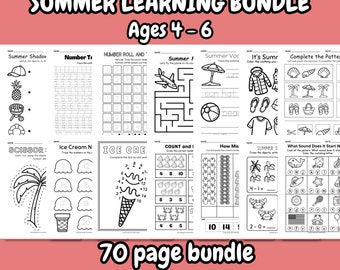 Lernpaket für die Vorschule; 70 Seiten; PreK Workbook; Sommer-Lernpaket; Sommerrückblick Arbeitsblätter; Druckbare Lern-Sammelmappe für Kleinkinder;