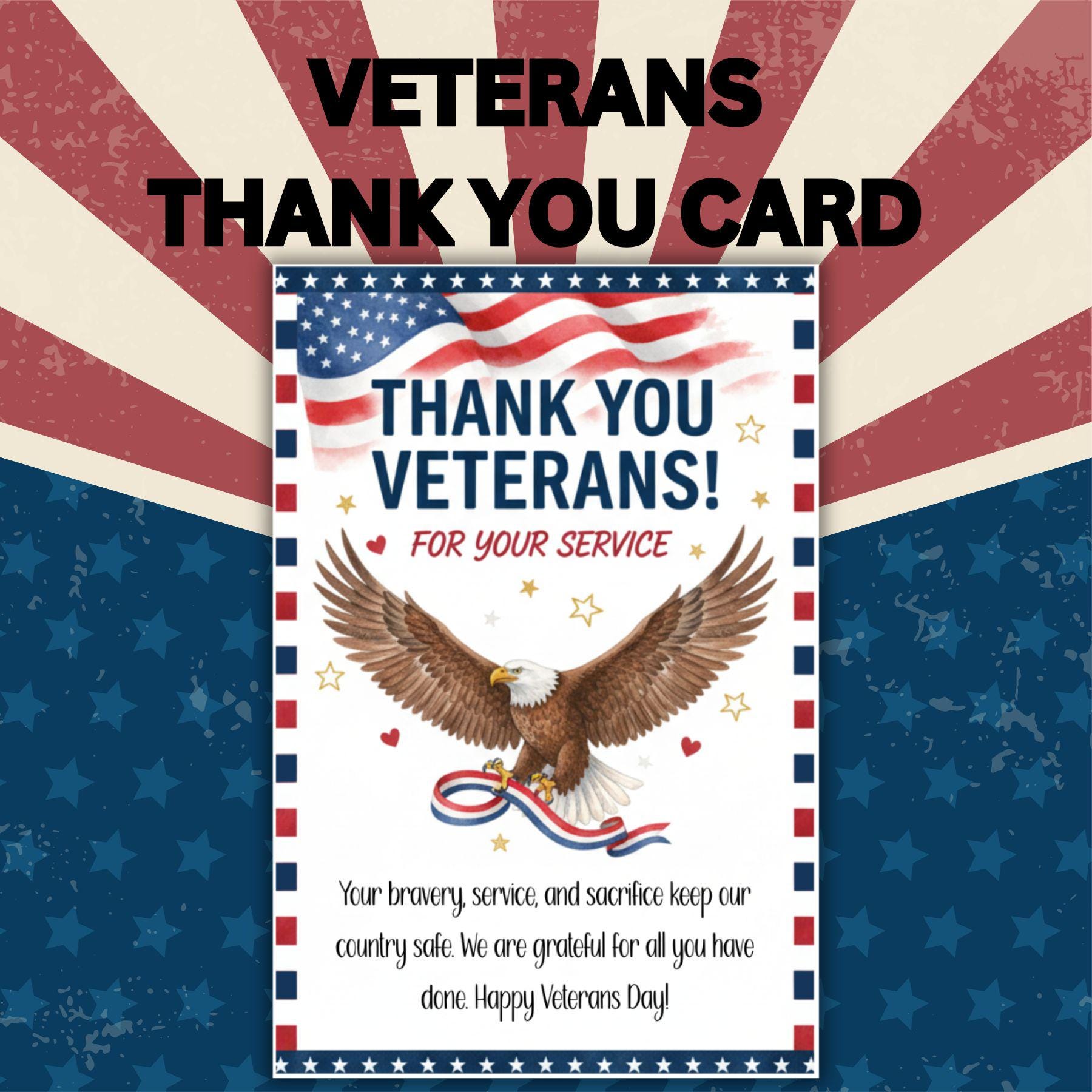 Printable Veterans Day Thank You Card; Patriotic Thank You Card for