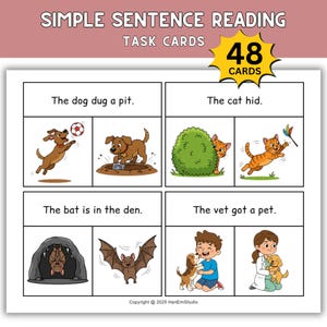 Puede incluir: Tarjetas de tareas educativas para la lectura de oraciones simples. Las tarjetas presentan ilustraciones coloridas de animales y niños con frases como "The dog dug a pit." y "The cat hid." Las tarjetas están etiquetadas como "48 CARDS" e incluyen el texto "SIMPLE SENTENCE READING TASK CARDS".