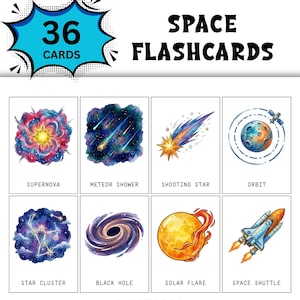 Puede incluir: Juego de 36 tarjetas didácticas espaciales con ilustraciones en acuarela de objetos celestes, como supernovas, lluvias de meteoros y agujeros negros. Cada tarjeta está etiquetada, con términos como "Órbita" y "Transbordador espacial".