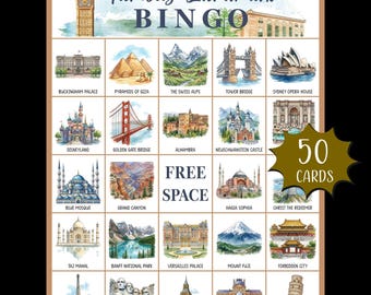 Beroemde bezienswaardigheid afdrukbare bingo; Afdrukbaar spel voor wereldreizen; Aardrijkskundeactiviteit; Reisbingospel; Roadtrip-bingo; Historische Flashcards