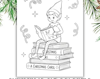 May include: Black and white illustration of a Christmas elf reading a book, sitting on a stack of books. The book features a reindeer illustration. The words "Christmas Elf Coloring" are at the bottom of the page.