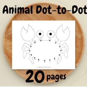 Può includere: Un'attività di punti da unire stampabile in bianco e nero con un granchio. L'immagine include il testo "Animal Dot-to-Dot" e "20 pagine".