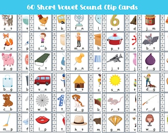 Puede incluir: Un conjunto de 60 tarjetas de clip coloridas con diversas ilustraciones de animales, objetos y números. Cada tarjeta tiene un espacio en blanco para colocar una letra, ayudando a los niños a aprender los sonidos de las vocales cortas.