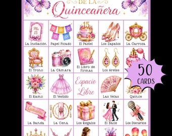 Lotería de la Quinceañera Game Printable; Sweet 15 Mexican Bingo; Mis Quince Años Party Activity,; Spanish Fiesta Games; Instant Download