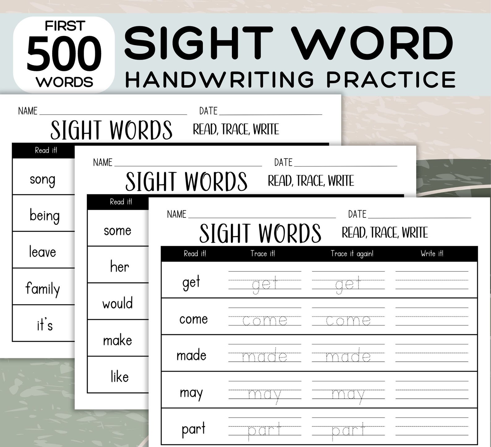 First 500 Sight Word Trace and Write Worksheet; Writing Practice Sheet