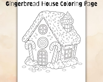 Gingerbread House Coloring Page Printable; Christmas Coloring Sheet; Christmas Coloring Page for Kids; Christmas Coloring Page