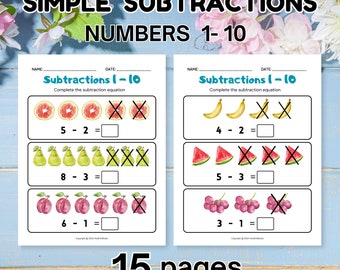 15-seitiges Arbeitsblatt zum Subtrahieren von Zahlen für Vorschul- und Kindergartenkinder; Abzug 1-10; Bild Mathe; Subtrahions Arbeitsblatt